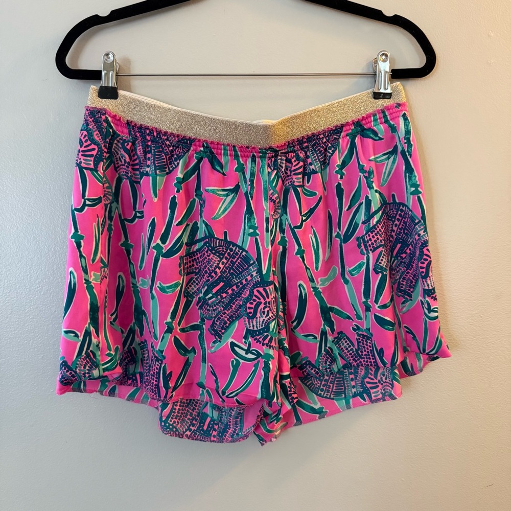 Lilly Pulitzer Pink Floral Elephant Print Shorts with Gold Waistband